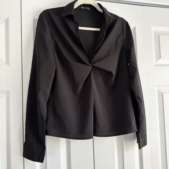 Shein Blouse Womens Size Small Black Long Sleeve Twist Front - Picture 2 of 8